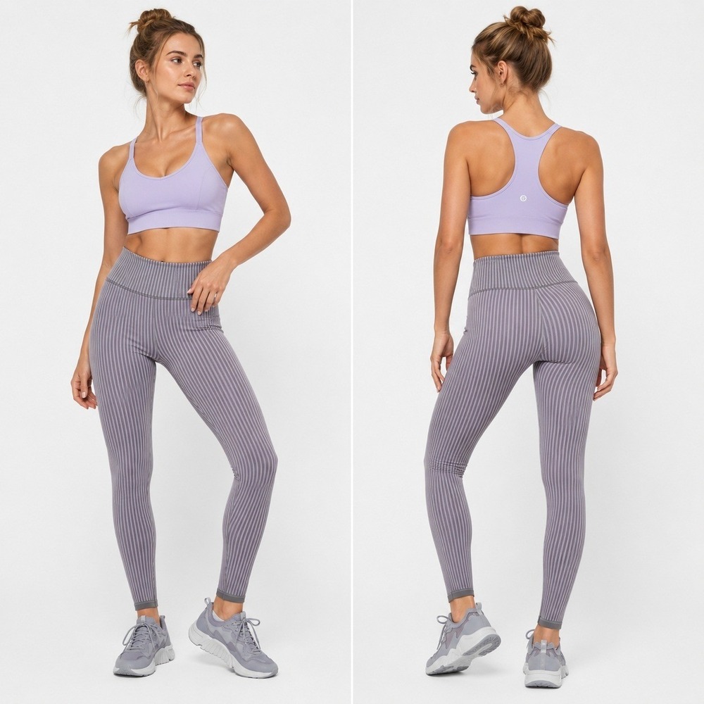 NWT Fabletics High-Waisted Seamless Rib Legging Striped Activewear Purple Size S